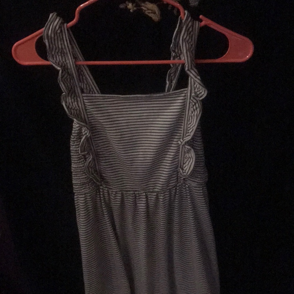 1: black and white dress horizontal lines 2: blue